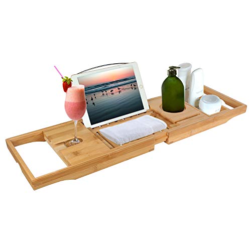 Moclever Bamboo Bathtub Caddy Tray, Wooden Bath Tray with Extending Sides, Reading Rack, Tablet Holder, Cell Phone Tray and Wine Glass Holder