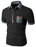 Doublju Mens denim collar pocket highlight short sleeves polo shirts