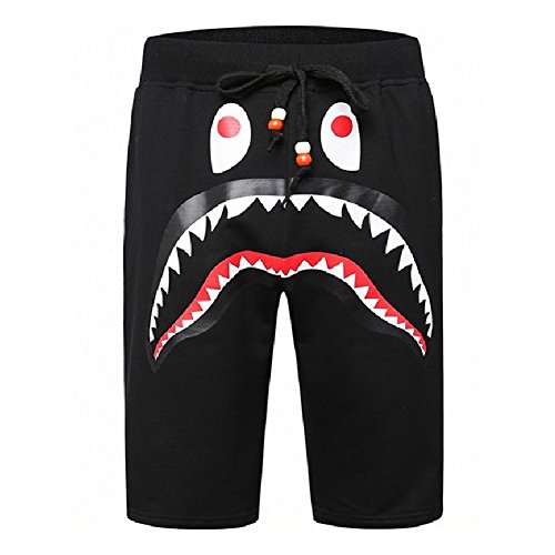 Shark Pattern Camouflage Stitching Shorts Men Drawstring Black Sports Shorts