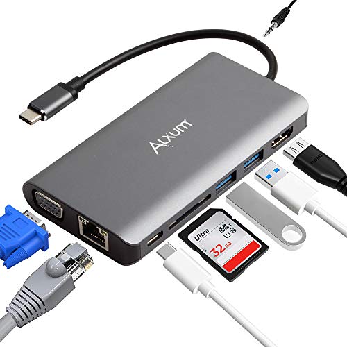 Alxum USB C Hub, 8-in-1 Type C Hub with 4K@30Hz HDMI, VGA, 100W USB-C Power Delivery, 2 USB 3.0 Port, RJ45 Ethernet, Micro SD Card Reader, Audio Output, Portable for Mac Pro and More Type C Devices.