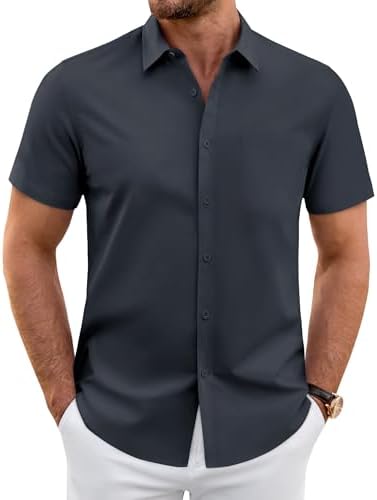 men's gray short sleeve dress shirts Joau Men's Casual Button-down Shirt, Cotton Linen Short Sleeve Lapel  Collared Shirts Summer Beach Dress Shirts with Pockets M-5XL