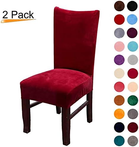 Velvet Stretch Spandex Plush Dining Chair Slipcovers -Chair Covers Solid Large Dining Room Chair Protector Home Decor (Wine Red, Pack of 2)