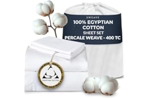 Sweave 100% Egyptian Cotton Percale Sheets Queen Size - Genuine Luxurious 400 Thread Count - Naturally Crisp, Breathable, Skin-Friendly & Cooling - Softer After Each Wash - Oeko-TEX