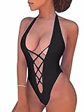 BEAGIMEG Women's Summer Sexy Lace up Halter Monokini One Piece Swimsuit