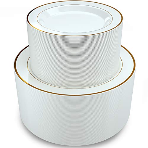 PB 120 PCS Set Elegant Plastic Plates Gold Rimmed and White, Heavy duty