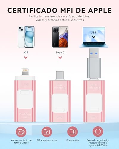 ROSPE 256GB USB Flash Drive for iPhone MFi Certified - iPhone External Memory, Lightning USB Flash Drive for iPhone / iPad, 3 in 1 Pen Drive Compatible with Android and PC, USB 3.0 for Backup Photos and Video