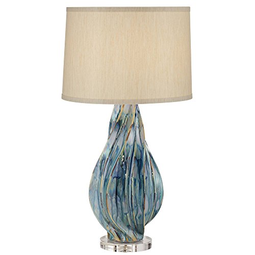Teresa Modern Table Lamp Ceramic Hand Painted Teal Drip Beige Fabric Drum Shade for Living Room Family Bedroom Office…