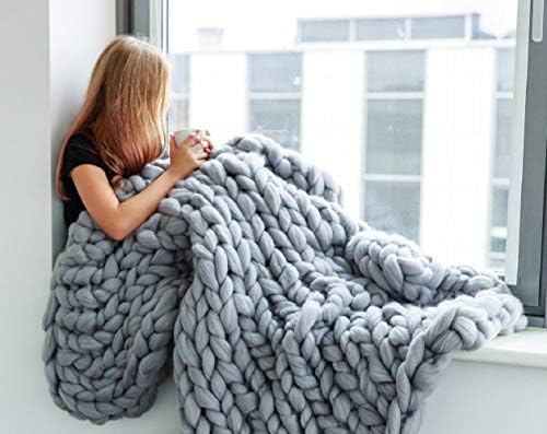 DIRUNEN Chunky Knit Blanket Merino Wool Arm Knitted Throw Super Large Hand-Made Knitting Yarn Pet Bed Chair Sofa Yoga Mat Rug Gray 47“×71”