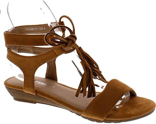 Via Pinky Arleen-12 Women's Front Lace Up Fringe Ankle Strap Low Heel Sandals,Tan,8