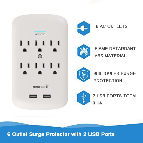 Multi Outlets,6 Wall Mount Surge Protector Adapter with Dual 3.1A USB Charging Ports,Oviitech Multi Plug Outlets,6 AC Socket Outlet Plugs,900 Joules Surge