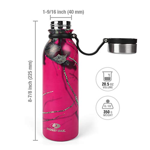 MOSSY OAK Vacuum-Insulated Stainless Steel Water Bottle - Double Walled Cola Shape Bottle - 20 Oz, Pink Camo - Keeps Drinks Cold for 24 Hours & Hot for 12 Hours