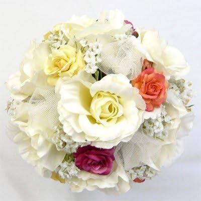 Amazon アートフラワー 造花 ブーケ 白バララウンドブーケ 黄色入り黄 オレンジ ピンク ウエディングブーケ 造花 通販
