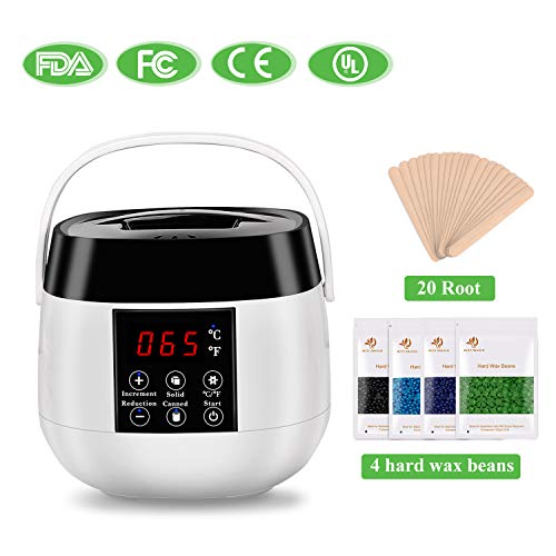 Roleadro Wax Warmer Hair Removal Kit Hot Waxing Kit Wax Melts with 4 Flavors Hard Wax Beans and 20 Wax Applicator Sticks for Painless Wax of Legs, Face, Body, Bikini Area