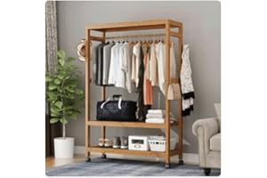 Freestanding Bamboo Clothes Rack - Rolling Garment Stand with 3-Tier Shelves & Hanging Rod - Heavy Duty, Wood Closet Organize