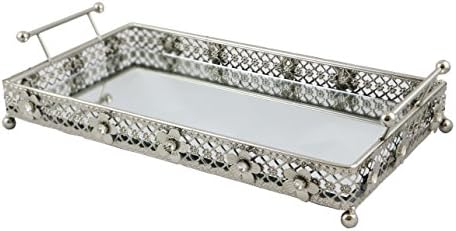 Silver Mirrored Vanity Pastry Serving Platter tray with Handles Accented with Flowers and Crystals