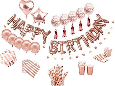 Russ Valley Disposable Tableware Confetti Foil Star Heart Balloons Decorations, Rose Gold, 88 Items