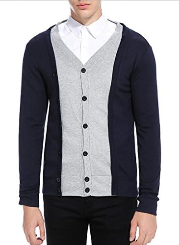 Esast Men New Long Sleeve Slim Fit Fake 2 Pieces Cotton Stretch Knit Cardigan Navy Blue XXS