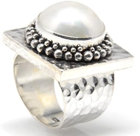 925 Sterling Silver White Mabe Cultured Pearl Ring Hammered Setting Handmade (5.0)