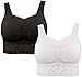 Pretty Seamless 2-Pack Lace Camisole Women’s Seamless Wireless Comfort Layering Bra with Removable Pads (Large, White and Black)