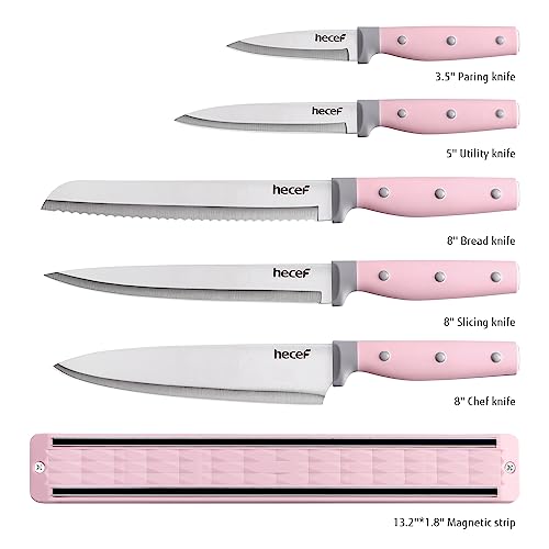 hecef 5 Pieces Kitchen Knives with Magnet Knives Organizers (33 cm), Professional Stainless Steel Kitchen Knives Set with Magnetic Bar Knives (Pink)