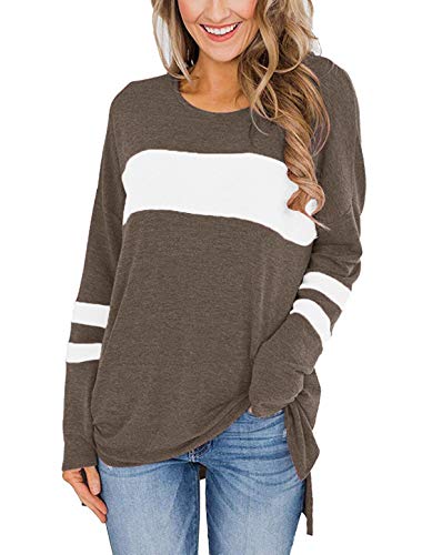 Topstype Womens Long Sleeve Tops Crew Neck Tunics Casual Elegant Stripped Shirts Brown