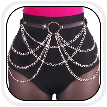 Women Girls Faux Leather Punk Chain Waist Belt Adjustable Layered Accessories Amazon.com: LOREMOW 2 Pcs Black Leather Waist Chain Belt  main image 2