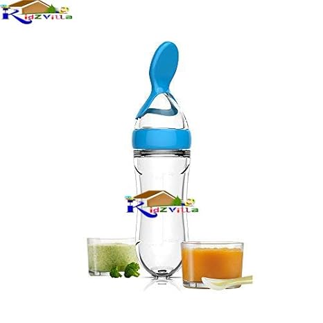 KIDZVILLA Squeezy Silicone Food Feeder with Spoon Food Feeeder, 90 ml (Blue_01)