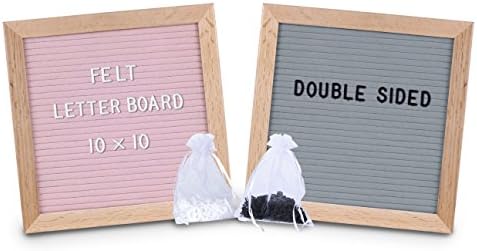 Felt Letter Board, Double sided -10x10, Pink and Grey - block stand, oak wood frame, 2 BONUS sheer bags, 680 white and black letters, special characters, emojis, symbols - for your home, office, shops