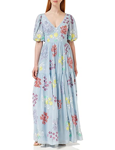Maya Deluxe Womens Maxi Dress Ladies V Neck Open Back Cape Sleeve Dress for Wedding Guest Bridesmaid Summer Prom Ball Occasion Blue Size 6 UK