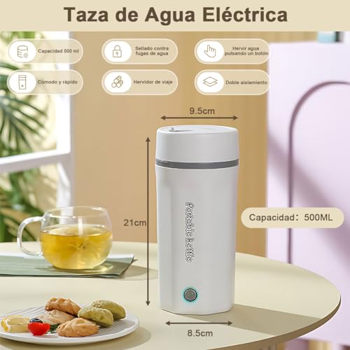 Hervidor Eléctrico de Viaje Portátil 500ML, Tetera Eléctrica de Viaje Caldera de Agua Caliente Personal Mini Taza, Hervidor de Agua Rápido Acero Inoxidable Apagado Automático para Hacer Té Café 110V
