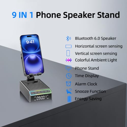 Phone Stand with Bluetooth Speaker & Clock, Gifts for Men Women, Birthday Gifts for Him, 9-in-1 Design Induction Speaker, Anti-Slip Base, Phone Holder with Wireless Speaker, Tech Gadgets Gift for Men