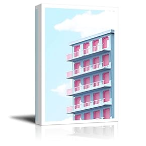 Canvas Wall Art - Drawing of Fresh Color Tone Building with Sunny Sky - Giclee Print Gallery Wrap Modern Home Art Ready to Hang - 12x18 inches