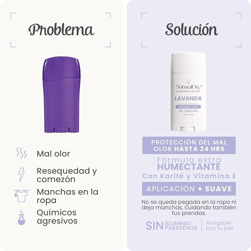 NaturalDry - Desodorante Natural Mujer - Sin Aluminio - Sin Parabenos - No obstruye los poros - Elimina el mal olor - NO HUELES - En barra olor Lavanda para axilas - Duración de 24h (1 unidad)