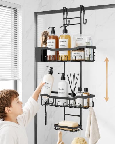 Gabeeriso 3-Tier Over-the-Door Hanging Shower Caddy Bathroom Organizer | Rustproof Black Shower Shelf with 28 Multi-Purpose Hooks for Towels, Soap & Bath Supplies, Ideal for Shower & Bathrooms