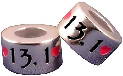 .925 Sterling Silver 13.1 Half Marathon Pink Enamel Heart Large Hole Bead