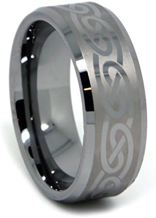 Tungsten Wedding Band, Classy Tungsten Carbide Ring for Men, Flat Top with Celtic Design High Polish Bevel Edge, 8mm