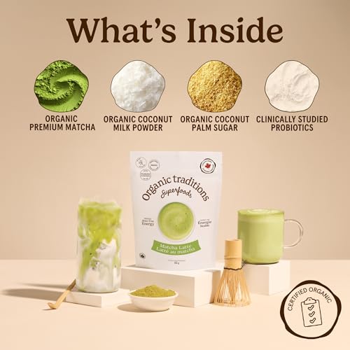 Organic Traditions Matcha Latte Powder, Japanese Matcha Green Tea With Coconut Milk, Naturally Occurring Caffeine And L Theanine, Lightly Sweetened Instant Latte Drink With Probiotics, 150g / 5.3oz