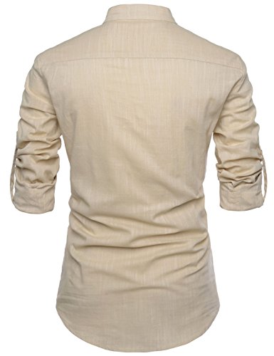 NEARKIN (NKNKN350 Beloved Men Henley Neck Long Sleeve Daily Look Linen Shirts Beige US XS(Tag Size XS)