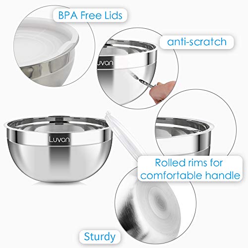 Luvan 18/10 304 Stainless Steel Mixing Bowls with Lids,Wide Rim for Easy Grip and Pouring,Extra Deep for Generous Servings,Stackable for Convenient Storage,FDA-Approved&BPA-free,Set of 5 - Thumbnail 4