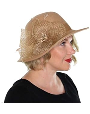 Cora Wool Bucket Hat Wide Brim Vintage Cloche Flapper Tea Party Church with Flower