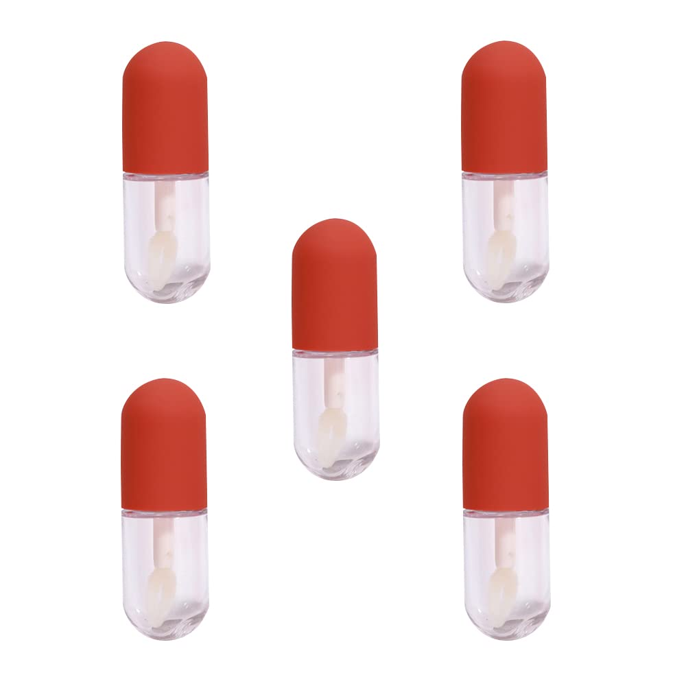 Anluoyi 5 Pcs Cute Capsule Shaped Lip Gloss Brush Wand Tubes Empty Transparent Red Lip Balm Bottle for Daily Woman Use-4.5ML