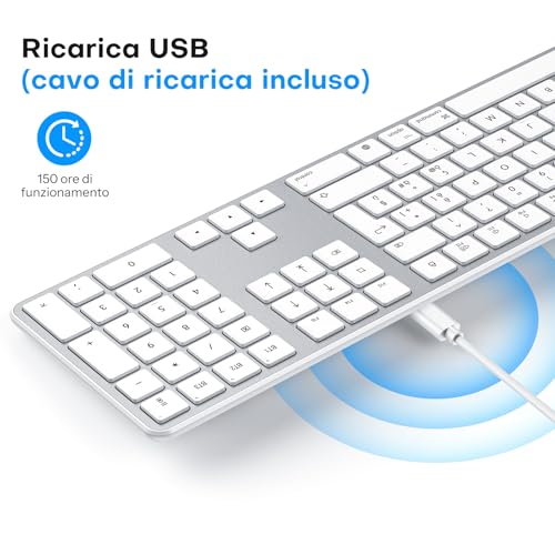 OMOTON Wireless Bluetooth Keyboard and Mouse Kit for Mac, Rechargeable Keyboard and Mouse with 3 Bluetooth Channels for Mac Pro/Mini, MacBook Pro/Air, iMac, iMac Pro, Italian QWERTY Layout, Silver