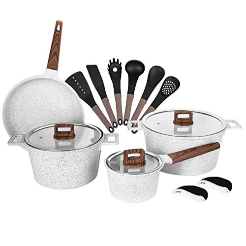 Ceramic Cookware Sets Dishwasher Safe Scratch Resistant PFOA Free Nonstick Induction Kitchen Aluminum Cookware Set with Cooking Utensil Pack -16 White