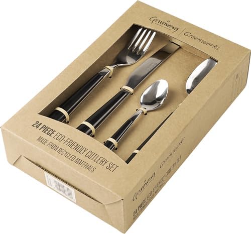 Greenworks Juego de cubiertos de 24 piezas en caja, plástico reciclado, ecológico, negro horno