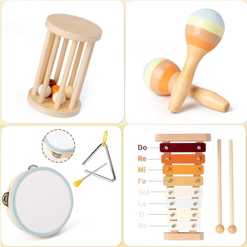 AM ANNA Toddler Musical Instruments, Montessori Toys for 1 year old, Musical toys for Toddlers 1-3 with Modern Boho Xylophone for Kids ,Natural Wooden Percussion Instruments Toy for Boys and Girls