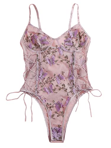 Lilosy Women Sexy Lace Up Floral Embroidered Teddy Babydoll Lingerie Bodysuit Top Mesh Sheer One Piece See Through Butterfly Light Purple 3# Large