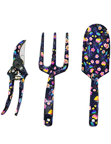 GS Tools 3 Piece Aluminum Garden Tool Set with Floral Print, Gardening Tool Kit – Hand Trowel, Fork, Pruning Shear Best Gift for Women and Children