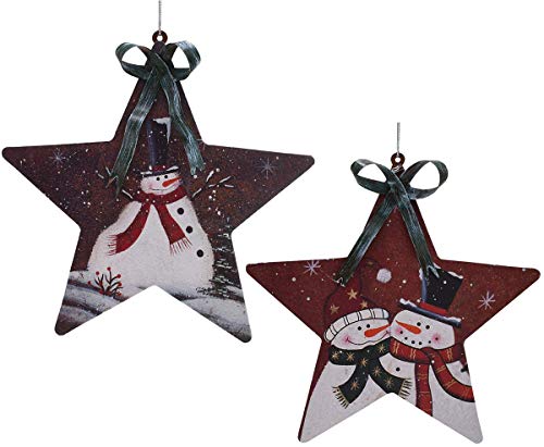 Grace Home Rustic Snowman Pattern Traditional Christmas Tree Ornaments Metal Star, Set of 2, 5.6''LX6''H Rustic Christmas Wall Door Decor Christmas Tree Ornament Xmas Holiday Party Decor