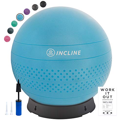 Incline Fit Base & Pump 55/65/75cm Anti-Burst Exercise Ball for Balance/Stability/Yoga/Pilates, Blue Sky