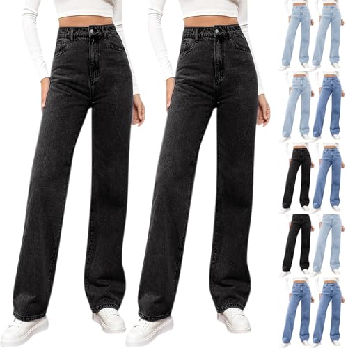 Culottes for Women Trousers for Women UK Ladies Wide Leg Jeans High Waisted Stretchy Jean Fashion Casual Trendy Trouser Soft Comfy Baggy Denim Pants with Pockets 2Pc Black XL